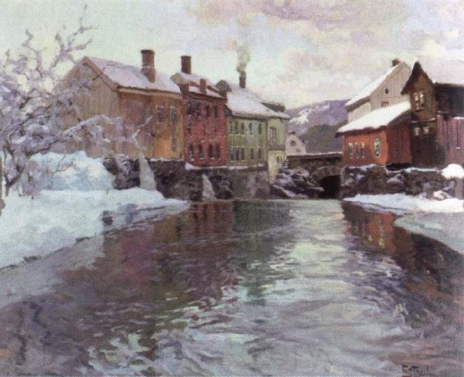 Frits Thaulow snow covered buildings by a river Norge oil painting art